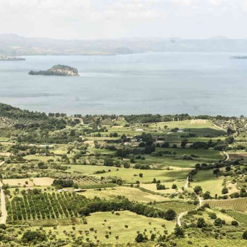 Panoramic view over the Lake of Bolsena from Montefiascone (Viterbo, Lazio, Italy) at summer